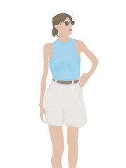 Woman in blue summer outfit illustration on transparent 