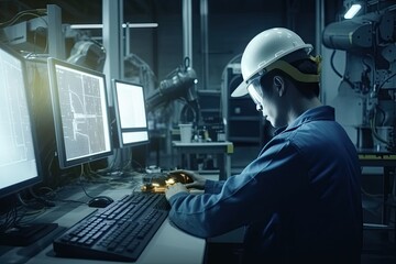  Engineer manager monitors and controls robot arm automation in smart factories in real time monitoring system software, welding robots and digital manufacturing operations