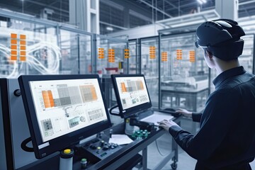 Engineer manager monitors and controls robot arm automation in smart factories in real time monitoring system software, welding robots and digital manufacturing operations	
