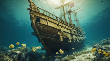 Sunken ship at the bottom of the sea, generative ai