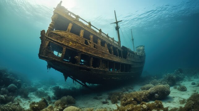 Sunken ship at the bottom of the sea, generative ai © ThisDesign