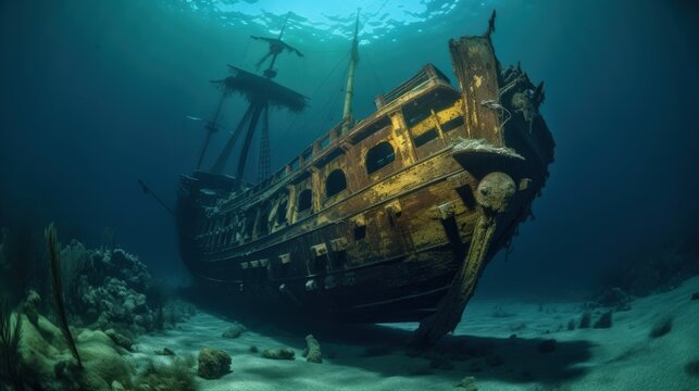 Sunken ship at the bottom of the sea, generative ai