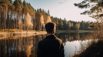 Fototapeta na wymiar man looking at a lake, relaxing. generative ai