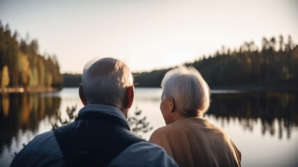 Fototapeta premium old couple looking at lake, spending time. love. generative ai