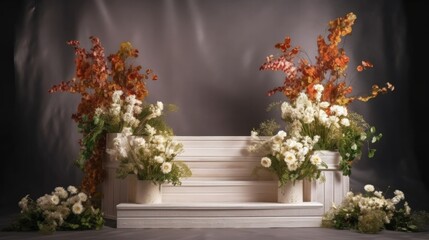 Fototapeta na wymiar floral podium, podium for product display with leaves. generative ai