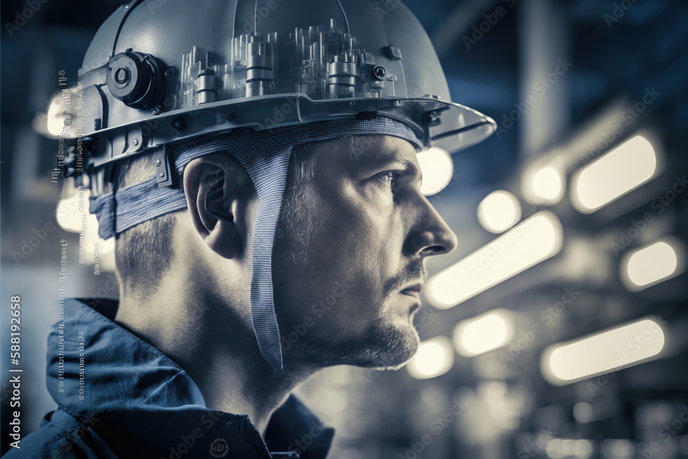 Poster technological engineer portrait ensuring high-quality and precise production quota on factory assemb