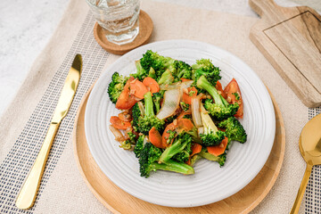 Broccoli and vegetable stir fry. healthy eating and vegan food concepts.
