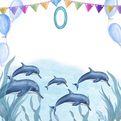 Watercolor marine card for children's birthdays isolated on transparent  background. Hand painted illustration for greeting card, poster, background, postcard, invitation