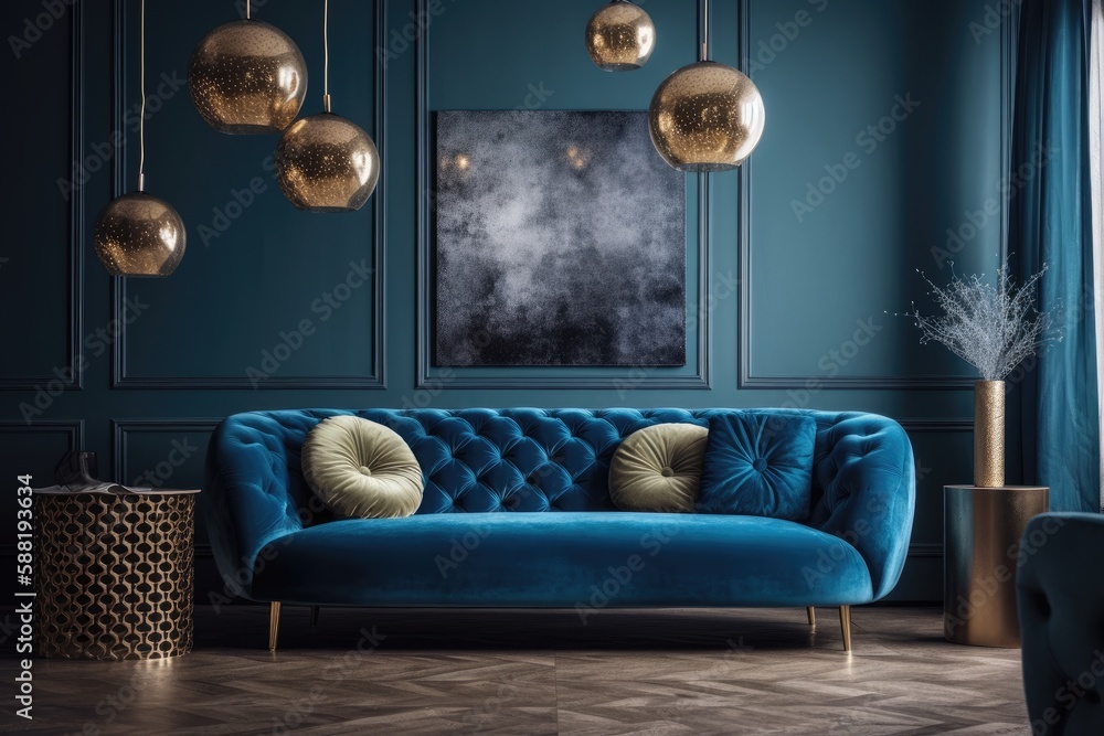 Canvas Prints modern living room with blue walls and gold accents. Generative AI