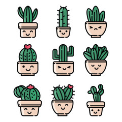 Set of cactus line art kawaii illustration