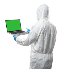 Worker wears medical protective suit or white coverall suit with blank screen laptop isolated