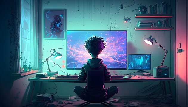 anime boy making AI video on computer. Generative AI.