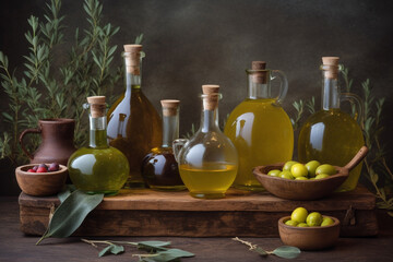 Food concept. Set of olives oil various bottles bottles and green and black olives fruits in wooden bowl placed on rural table. Olive tree twigs with leaves in background. Generative AI