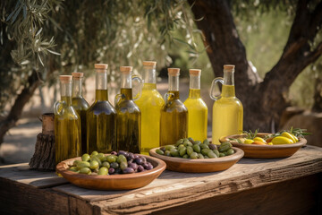 Food concept. Set of olives oil various bottles bottles and green and black olives fruits in wooden bowl placed on rural table. Rural background during summer time. Generative AI