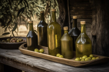 Food concept. Set of olives oil various bottles bottles and green and black olives fruits in wooden bowl placed on rural table. Rural background during summer time. Generative AI