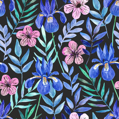 Watercolor seamless pattern with cute pastel pink flowers and blue iris. Freehand expressive painting. Romantic print for invitation and fabric.