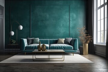 cozy living room with green walls and a blue couch as the centerpiece. Generative AI