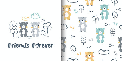 Сhildish pattern with cute bear. Animal seamless background, cute design for fabric, wallpaper, wrapping paper, textile, t-shirt print, kids fashion