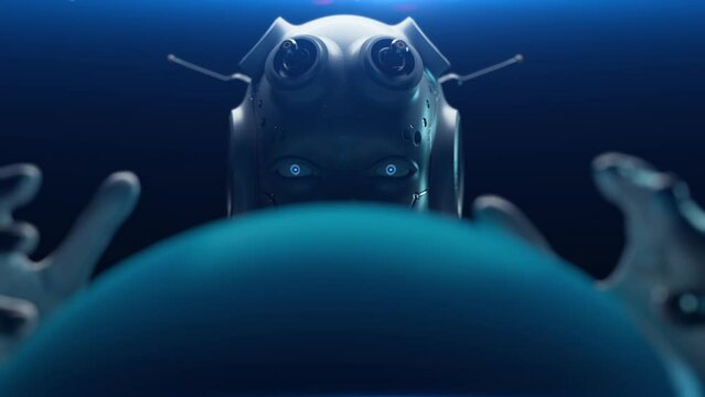 The robot looks at the stylized model of Planet Earth, looking at the details. the focus on the planet then shifts to the robot