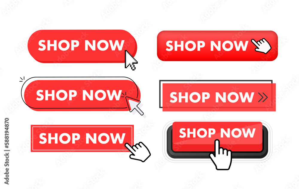 Poster set of shop now button. hand pointer clicking. shop now web buttons