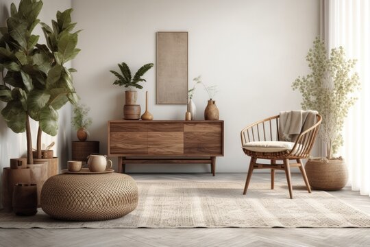 Cozy Living Room with Plants, Chair, and Table. Generative AI
