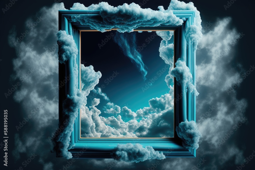 Poster frame isolated on white cloud background in the sky in square shape. concept of luxurious fantasy. f
