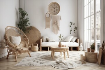 cozy living room with a spacious window and plenty of furniture. Generative AI