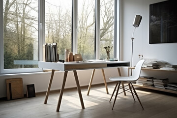 Minimalist home office desk, natural daylight, vivid colors, generative AI
