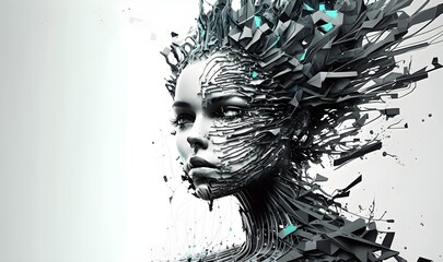 Stone statues of beautiful AI robot women floating in space. Generative AI.