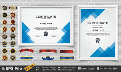 Template Certificate Design Bundle with Ribbons, Golden Badges, and frame mockups for appreciation, award, completion, diploma. CMYK Color A4 Format