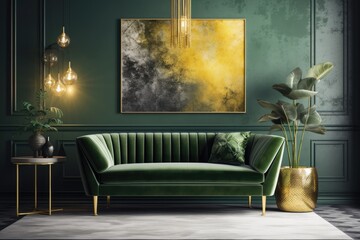 modern living room with a green couch and an abstract painting on the wall. Generative AI