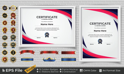 Template Certificate Design Bundle with Ribbons, Golden Badges, and frame mockups for appreciation, award, completion, diploma. CMYK Color A4 Format