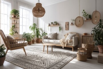 cozy living room with plants and stylish furniture. Generative AI