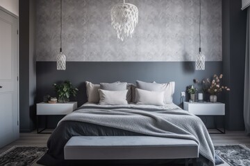 luxurious bedroom with elegant decor and a stunning chandelier. Generative AI
