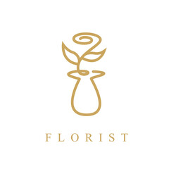 Outline florist logo. One continuous line art decorative rose draw. Editable stroke flower floral element. Isolated vector illustration