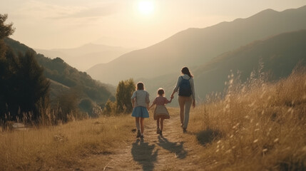 Fototapeta na wymiar Happy family on summer walk.Generative AI