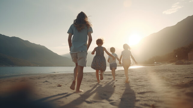Happy family on summer walk.Generative AI