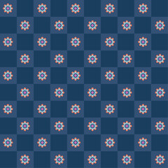 Dark blue with a colorful checkboard abstract pattern