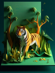Bengal tiger walking through a forest, with the paper art creating the trees and foliage in the background, and the jungle foliage to create a 3D effect