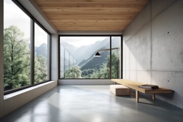 serene and simple room with natural light streaming through a large window and a cozy bench. Generative AI