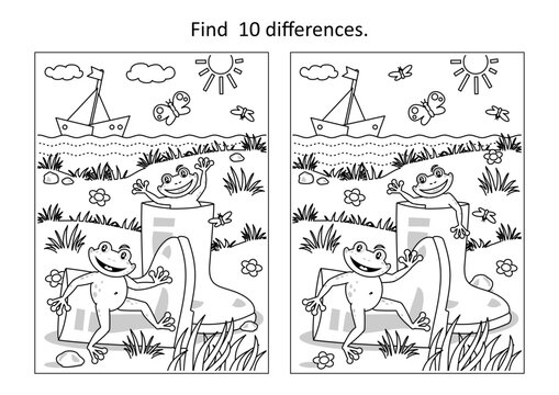Summer joy difference game picture puzzle and coloring page with gumboots and happy playful frogs
