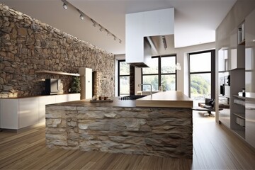rustic kitchen with stone walls and wooden floors. Generative AI