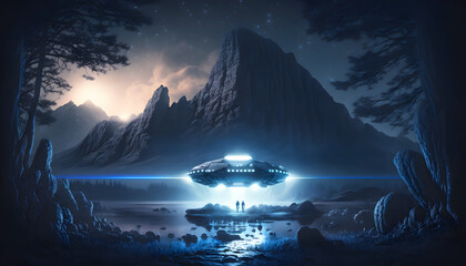 UFO with alien landing on earth at night, generative AI