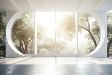 Spacious Room with a Picturesque View of Trees through a Large Window. Generative AI