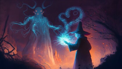 magician summoning ghostly demon, sorcerer casts a spell with his wand, Generative AI