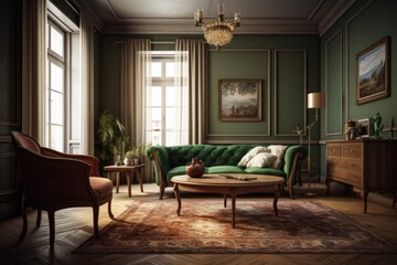 Naklejka na ściany i meble cozy living room with elegant furniture and a stunning chandelier. Generative AI
