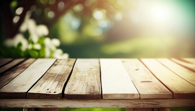 Empty old wooden table with defocused summer background