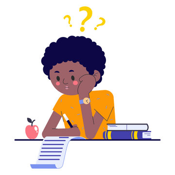 Boy on school exam. Kid study and think about test or homework in class. Pupil confused how to do survay on blank. Vector illustration about child education