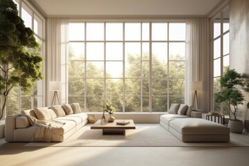 cozy living room with natural light streaming in through large windows. Generative AI