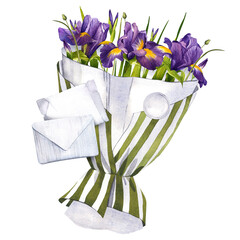 Bouquet of irises with a letter. Purple flowers in paper packaging. Delivery of flowers with a postcard. Logo sticker. Watercolor illustration isolated on white background.